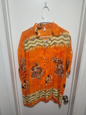 Men's Orange Dragon Print Short-Sleeve Button-Front Shirt